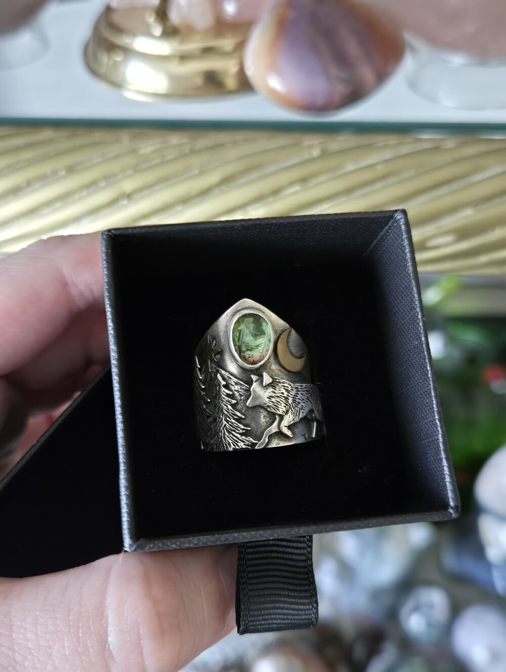 Sagewolfsilver 925 Wolf Ring With bicolor tourmaline gem Size 8
